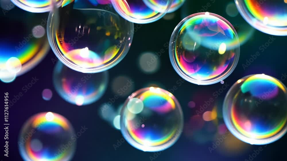 Poster Colorful soap bubbles floating in dark background, close-up view. Light refraction and reflection concept