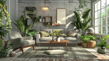 Fototapeta premium Mid-Century Modern Living Room Design with Retro Grey Armchair 
