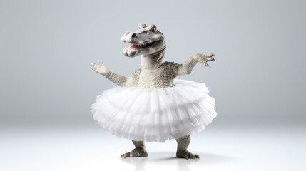 Hilarious dinosaur in a fluffy white tutu dancing joyfully on a pristine white background