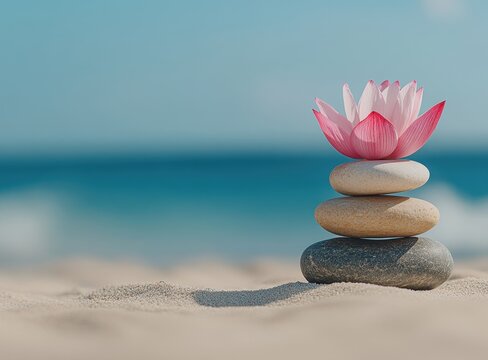 a pink lotus flower and balanced stones on the sand in front of a blue sky background, representing tranquility and meditation for a zen spa wellness center banner Generative AI