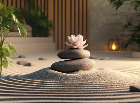 A serene Zen garden with balanced stones, raked sand patterns, and a blooming lotus flower symbolizing tranquility for spa promotional material Generative AI - Powered by Adobe