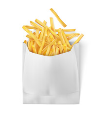 White paper bag for french fries packaging to takeaway. Food go, fried potato snack pack design mockup. Isolated on white background. Realistic. Vector illustration.