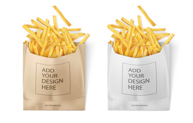 White and kraft paper bags for french fries packaging to takeaway. Food go, fried potato pack design mockup. Isolated on white background. Realistic. Vector illustration.