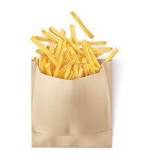Kraft paper bag for french fries packaging to takeaway. Food go, fried potato snack pack design mockup. Isolated on white background. Realistic. Vector illustration.