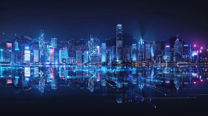 Fototapeta premium A panoramic view of the Hong Kong skyline at night, with digital connections and data visualizations overlaying the cityscape