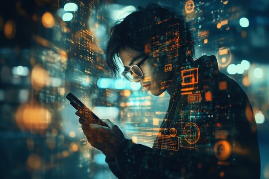 Business professional using smartphone surrounded by digital interfaces and data visualizations