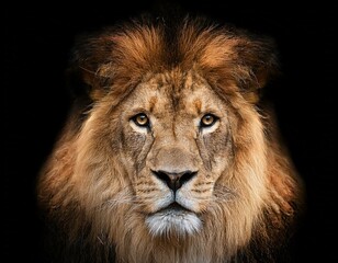 Naklejka premium Portrait lion on the black. Detail face lion. Hight quality portrait lion. Portrait from animal