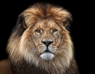 Fototapeta premium Portrait lion on the black. Detail face lion. Hight quality portrait lion. Portrait from animal