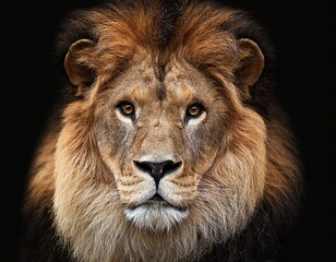 Naklejka premium Portrait lion on the black. Detail face lion. Hight quality portrait lion. Portrait from animal