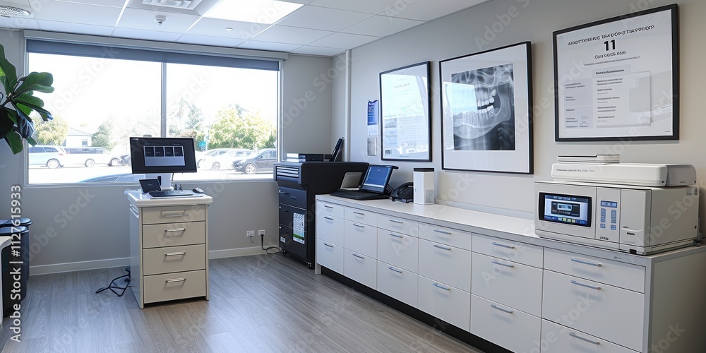 Canvas Prints interior view of a modern dental office featuring state-of-the-art technology with multiple computer