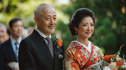 Happy Japanese couple at wedding ceremony, father and daughter smiling.