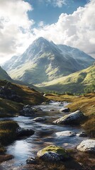 Fototapeta premium A serene mountain landscape with a flowing stream and lush greenery under a cloudy sky.