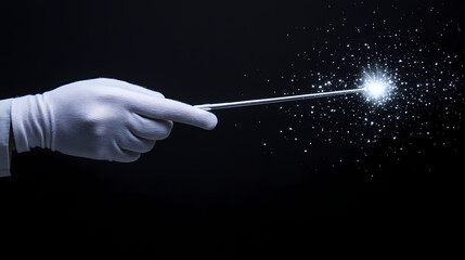 Hand in a white glove with a magic wand on a black background isolated with white highlights, png. Mystify. Illustration