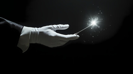 Fototapeta premium Hand in a white glove with a magic wand on a black background isolated with white highlights, png. Mystify. Illustration