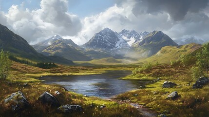 Fototapeta premium A serene mountain landscape with a river, showcasing nature's beauty and tranquility.