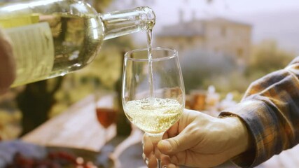 Pouring White Wine Into Glass Plaid Sleeve Outdoor Refreshment Celebration Dining