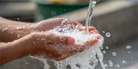 Fototapeta premium Rinsing soapy hands under running water while cleaning in a bright setting during a sunny day background 