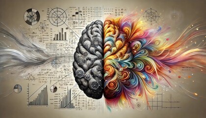 concept of the human brain. The right creative hemisphere versus the left logical hemisphere. Education, science and medical abstract background.
