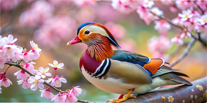 Mandarinka duck stands gracefully among blooming cherry blossoms in a tranquil garden setting background 