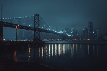 Obraz premium Breathtaking city skyline captured with a stunning bridge under a vibrant sky at sunset