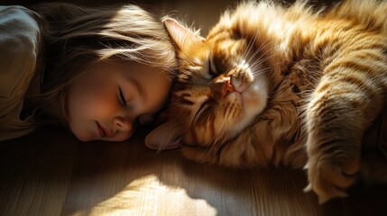 A close-up shot of a child peacefully sleeping next to a large, fluffy ginger cat, their faces resting together on a wooden floor bathed in soft