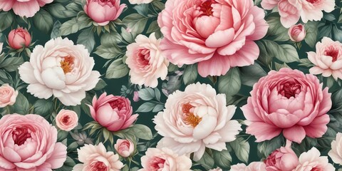 Fototapeta premium Seamless floral pattern with watercolor roses and peony flowers, feminine, nature