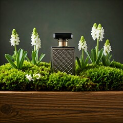 Perfume bottle on moss with white flowers and greenery in background.