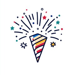 Festive party popper with colorful stripes and starburst.