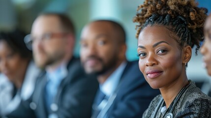 Obraz premium A diverse group of professionals in a business meeting setting, focusing on a confident and thoughtful woman with braided hair, seated alongside her colleagues