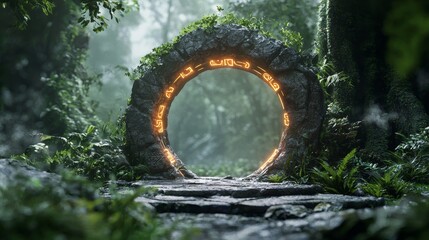 Enchanted Stone Portal Surrounded by Lush Foliage in a Mystical Forest Setting Under Soft Ambient Light