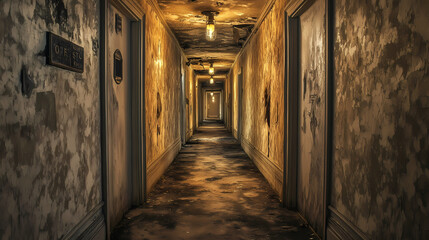 Scary gloomy hotel hallway with flickering lights and peeling wallpaper, spooky, eerie, creepy, dark, corridor. Mystify. Illustration