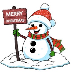 Christmas Snowman with Hat and Scarf holding Merry Christmas sign.
