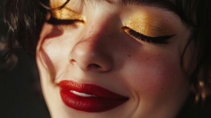 Smiling Young Woman with Golden Eyeshadow and Red Lips, Close-up Portrait