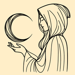woman wearing a hooded cloak with a crescent, line illustration