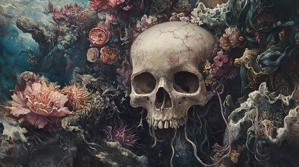 Sublime and mesmerizing depiction of a skull amidst chaotic beauty. Mystify. Illustration