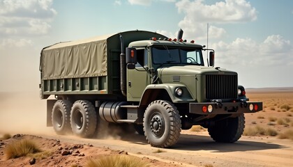 Obraz premium Military truck moves on dusty road. Large vehicle travels across desert terrain. Dusty conditions. Open cargo area. Durable transportation. Outdoor scene. Off-road vehicle. Rugged truck.