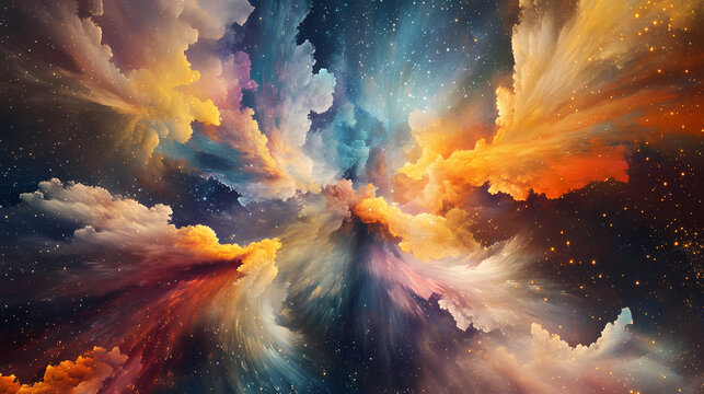 Vibrant, kaleidoscopic explosion of radiant colors and swirling patterns against a dark, starry background, evoking a mesmerizing sense of cosmic energy and dynamism. Mystify. Illustration