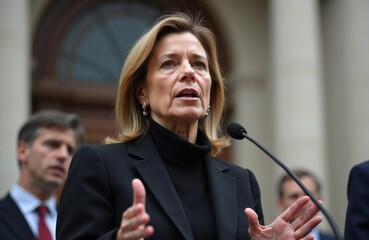 Female govt representative speaks at press conference indoors. Serious discussion about important issues. Woman in suit addresses media. Public affairs. Political leader giving presentation. Possible