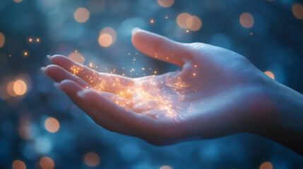 Fototapeta premium Stardust glowing in open hand with blue bokeh background, representing magic, wonder, and dreams