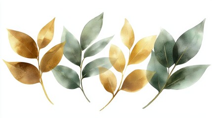 Elegant Botanical Illustration of Various Leaves in Different Shades of Green and Gold for Use in Nature-Related Designs and Artistic Projects