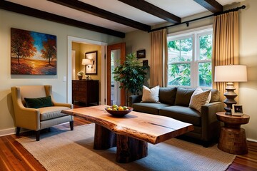 Fototapeta premium Cozy Eclectic Home Retreat Featuring Live Edge Maple Table and Warm Beige Armchair