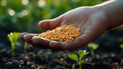A hand holding seeds above young plants in soil, symbolizing growth and agriculture.