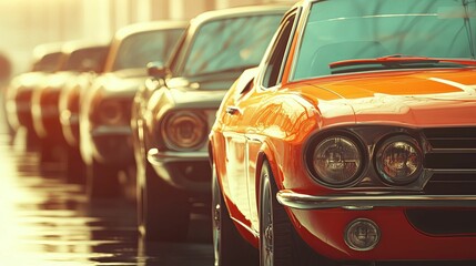 Classic Muscle Cars Lined Up In A Row