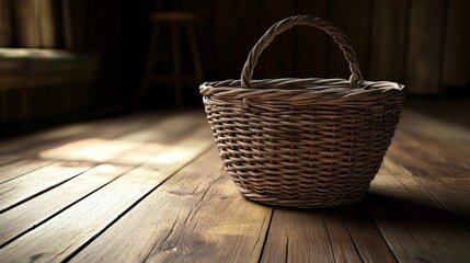 Basket on wood floor. photoshop textures. Ultra realistic. Photorealistic