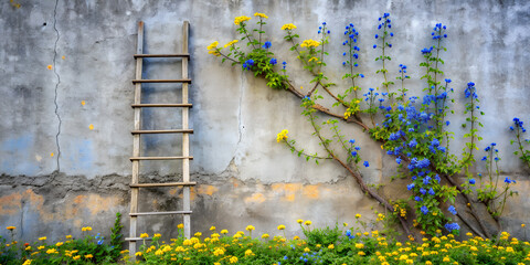 Old ladder rests beside a gray wall adorned with vibrant flowers in a tranquil garden setting