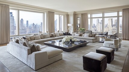 Luxurious penthouse living room with city views, featuring a large sectional sofa, coffee table, and plush seating.