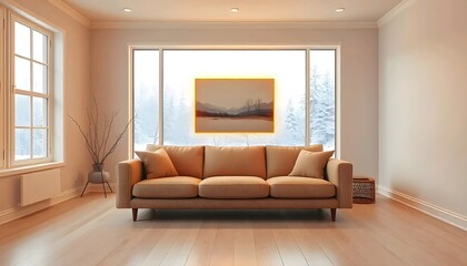 A modern, minimalist living room with a large, beige sofa, Bright, natural lighting is coming into the room through a window, scandinavian style.
