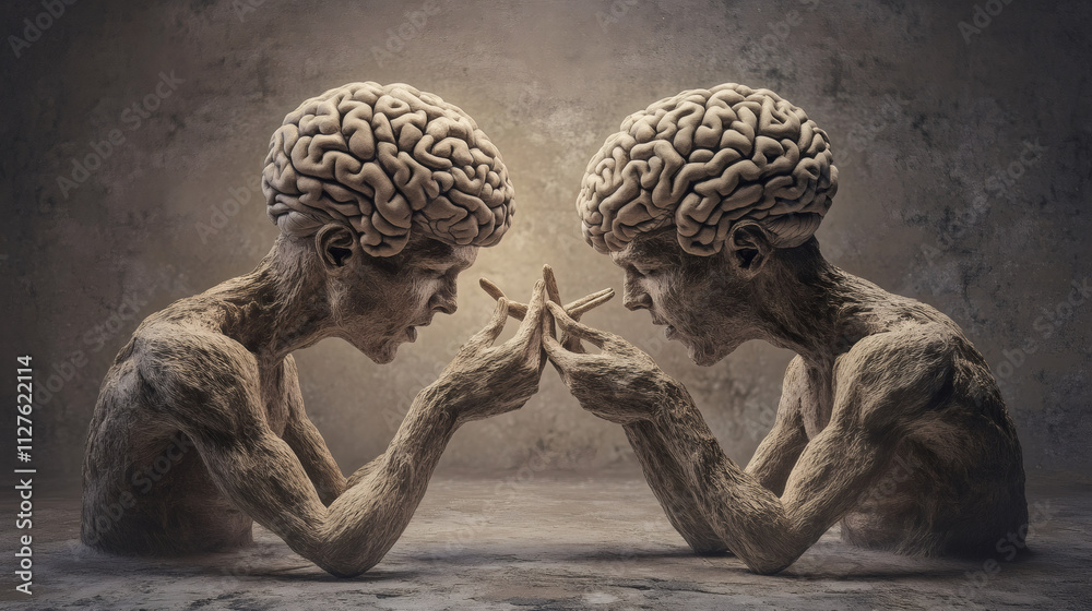 Aufkleber two figures with exposed brains are touching fingers, symbolizing communication, knowledge sharing, 