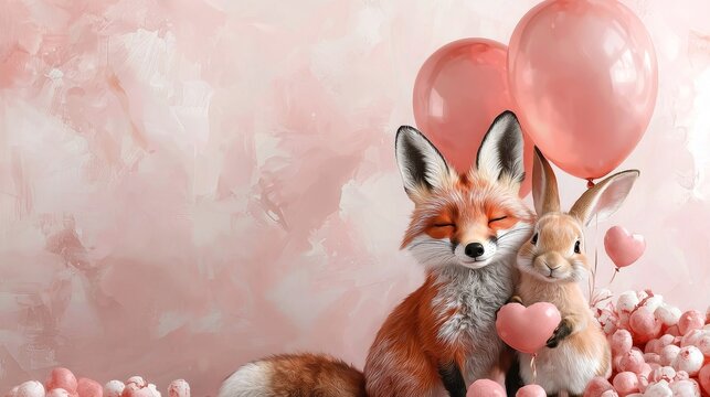 Adorable Fox and Rabbit Embracing with Balloons and Hearts on a Soft Pink Background, Perfect for Celebrating Love and Friendship in Any Season