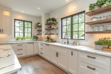 Fototapeta premium Bright white kitchen with marble countertops, wooden shelves, and hardwood floors.